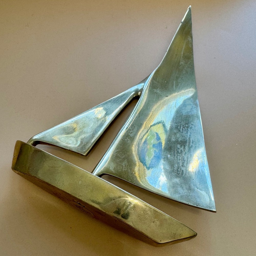 Vintage Leonard Solid Brass Sailboat‎ Sculpture MCM Coastal Nautical Decor 8"